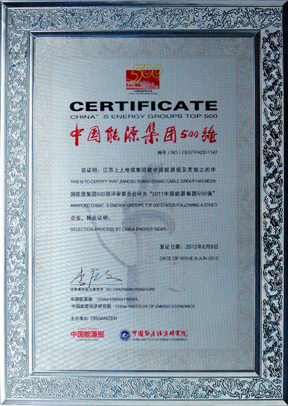 江蘇上上電纜集團(tuán)榮獲2011年“中國(guó)能源集團(tuán)500強(qiáng)”